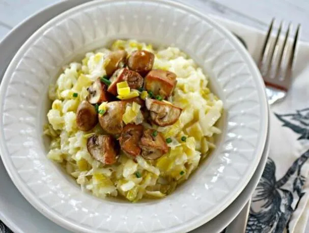 Lauch-Risotto mit Gouda und geräucherten Pilzen